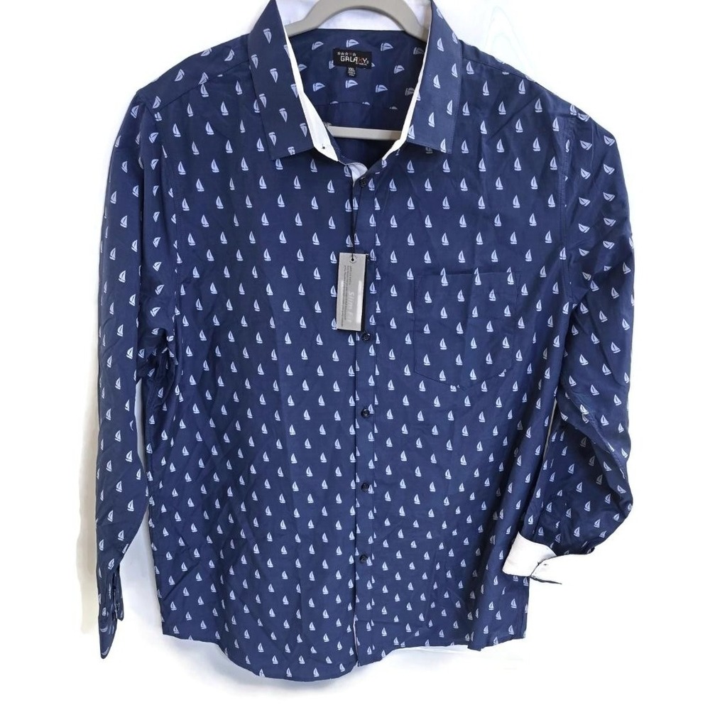 Galaxy‎ Shirt Mens 2XL Navy Blue Slim Fit Button Down Sailing Boat Print Casual